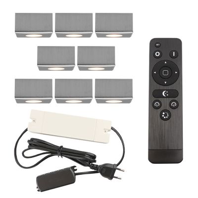 8 firkantede krom påbygningsspots veranda Fredo, IP44 med tilslutningssæt og fjernbetjening