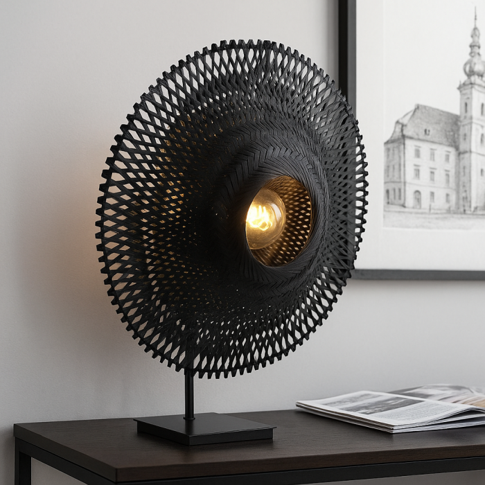 Rattan bordlampe sort, Cordoba, med brytare