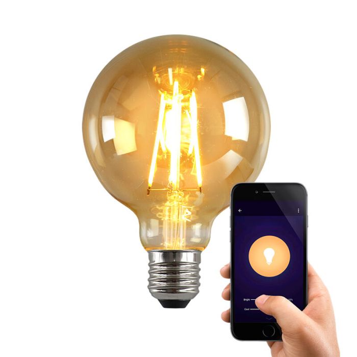 Olucia LED WiFi pære E27 George, rav, G95, 5W, dim to warm
