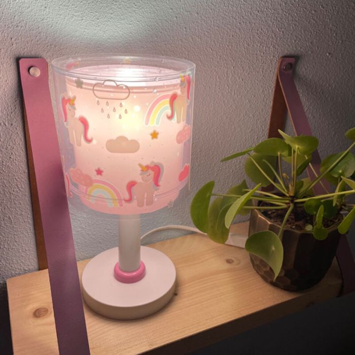 Lyserød bordlampe til børneværelse plast, Unicorn