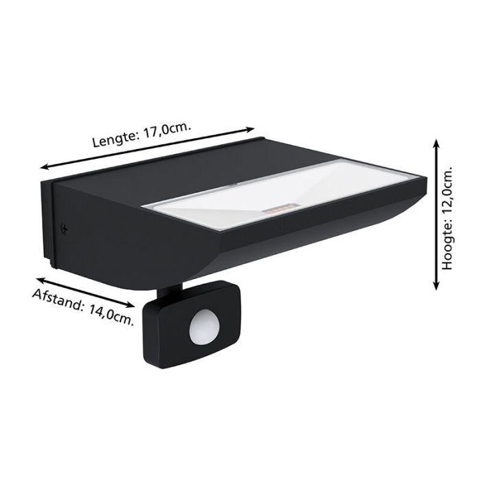 Sort modern udendørs væglampe med bevægelsessensor aluminium, Samuel, 10,5W, 3000K LED, IP44