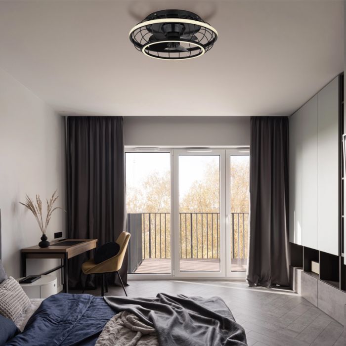 Sort industri loftventilator metal, Jorne, 30W, varm til kold hvid justerbar LED, med fjärrkontroll