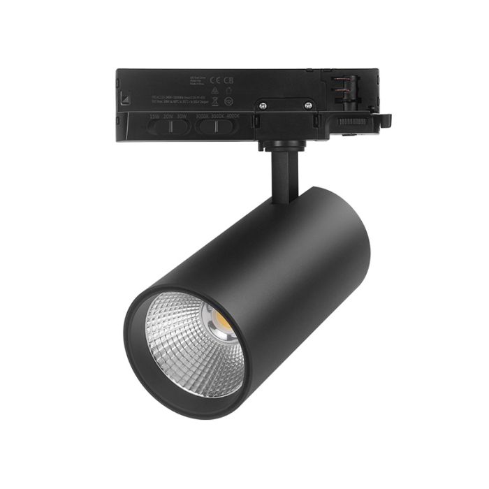 Sort 3-faset lampe på lyseskinne, Rozina, 10W/20W/30W, white switch LED