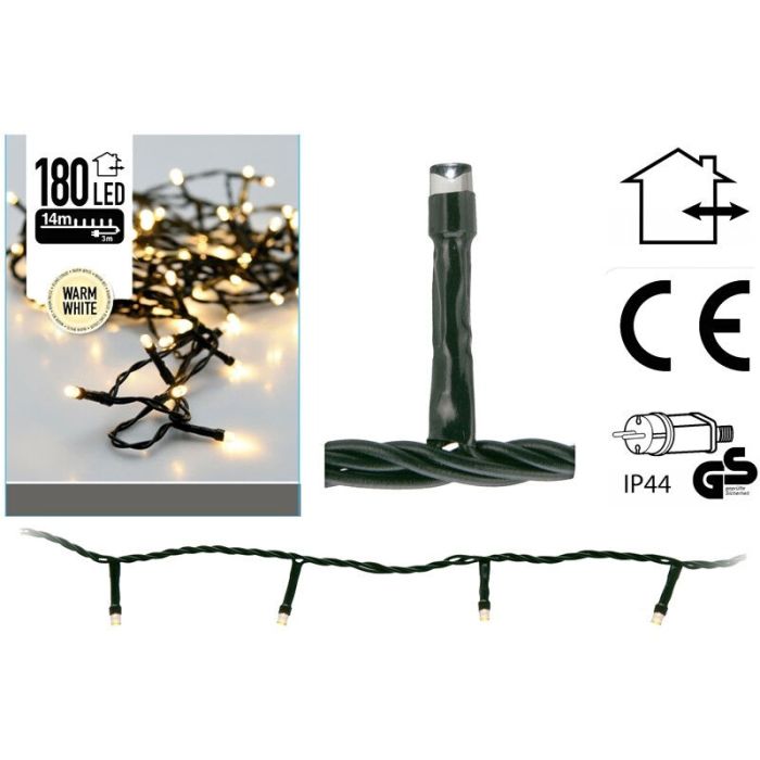 13,5 m LED udendørs julelys, 180 varmhvide lys