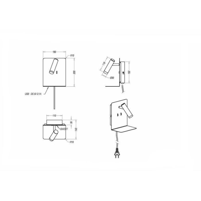 Sort væglampe design, Ricciolo, 3W, 3000K LED, med brytare