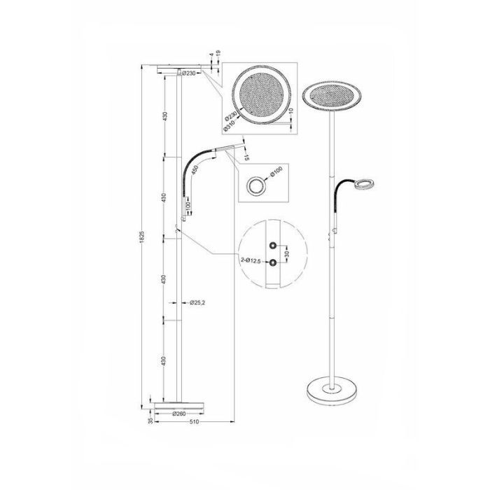 Nikkel gulv lampe modern, Benny, 18W, 3000K LED, med beröringsdimmer