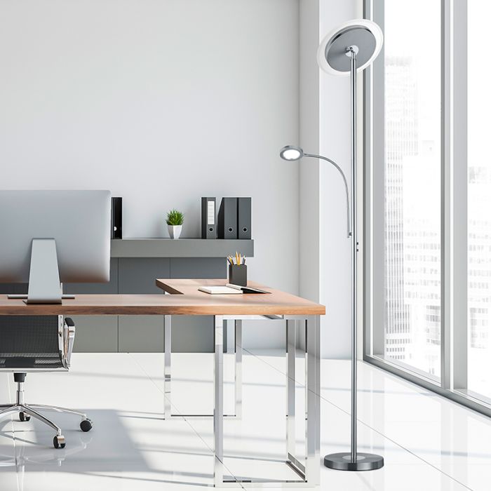 Nikkel gulv lampe modern, Benny, 18W, 3000K LED, med beröringsdimmer