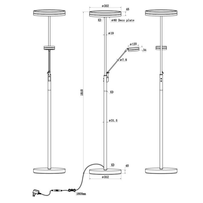 Antracit læselampe gulv modern, Marjon, 35W, varm til kold hvid justerbar LED, med beröringsdimmer