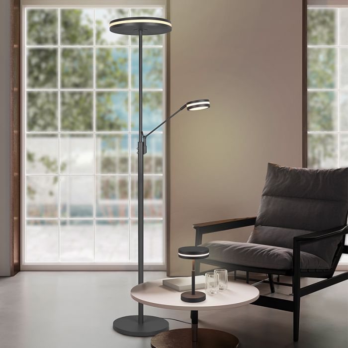 Antracit læselampe gulv modern, Marjon, 35W, varm til kold hvid justerbar LED, med beröringsdimmer