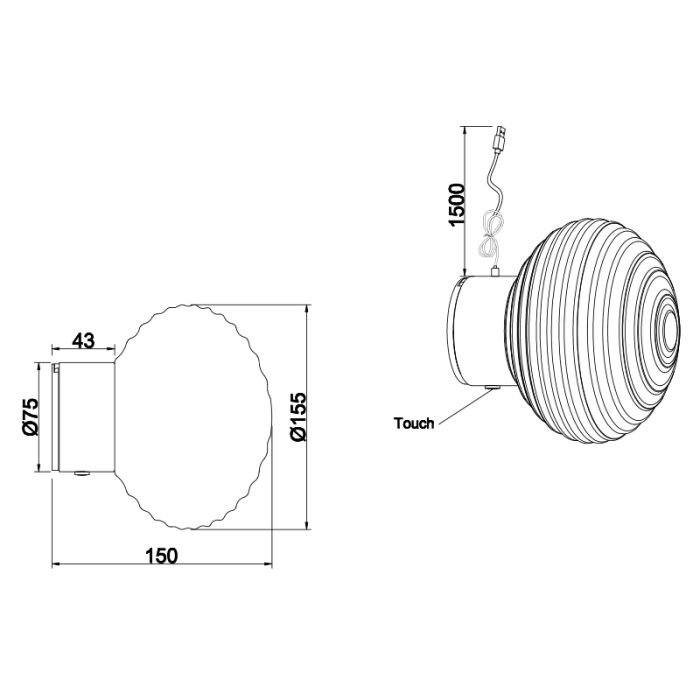 Rav genopladelige væglampe modern, Walid, 1,5W, 3000K LED, 3 trins lysdæmper
