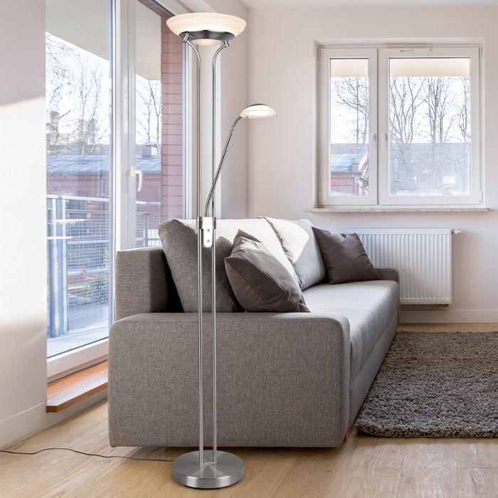 Nikkel læselampe gulv modern, Fredrika, 27W, 3000K LED, med beröringsdimmer