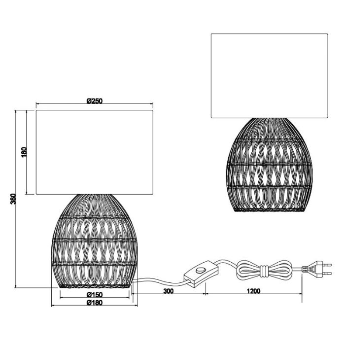 Rattan bordlampe hvid, Symon, med brytare