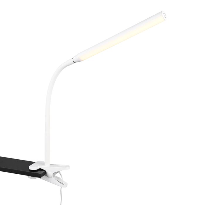 Hvid klemmelampe modern, Rommert, 5W, varm til kold hvid justerbar LED, med beröringsdimmer