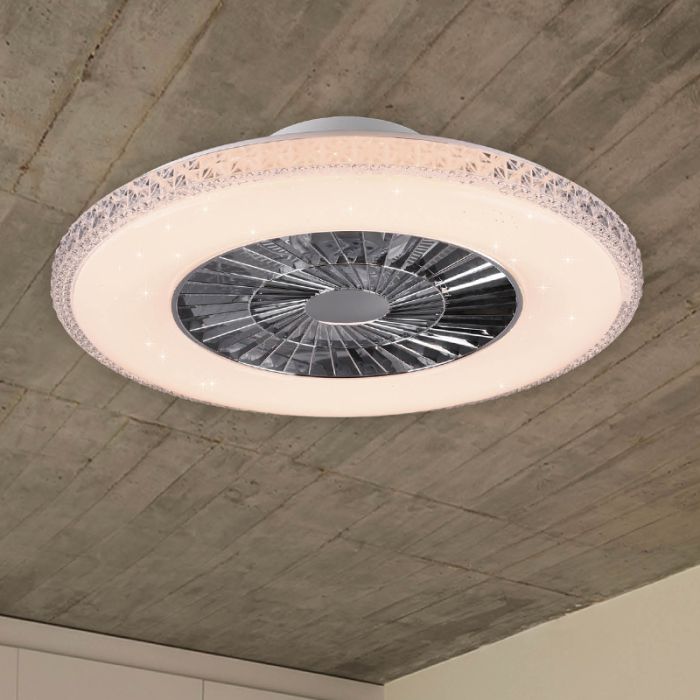 Krom loftventilator design, Damon, 40W, varm til kold hvid justerbar LED, med fjärrkontroll